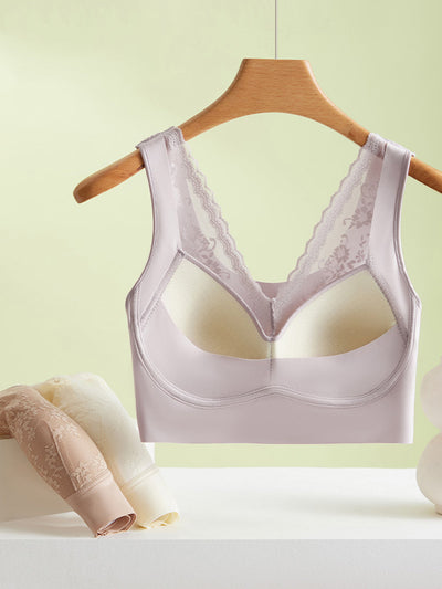 Women Artsy Pure Color Lace Satin Seamless Bra