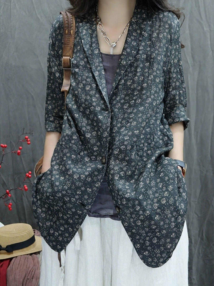 Plus Size Women Summer Vintage Flower Lapel 100%Ramie Shirt