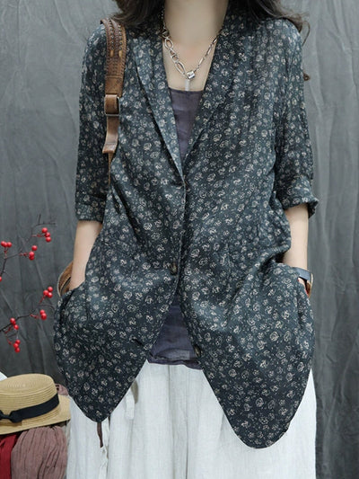 Plus Size Women Summer Vintage Flower Lapel 100%Ramie Shirt