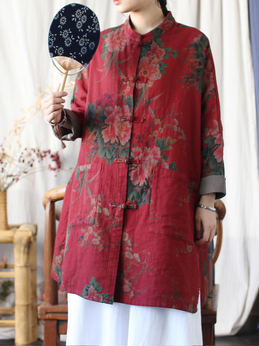 Women Autumn Ethnic Flower Stand Collar Cotton Coat