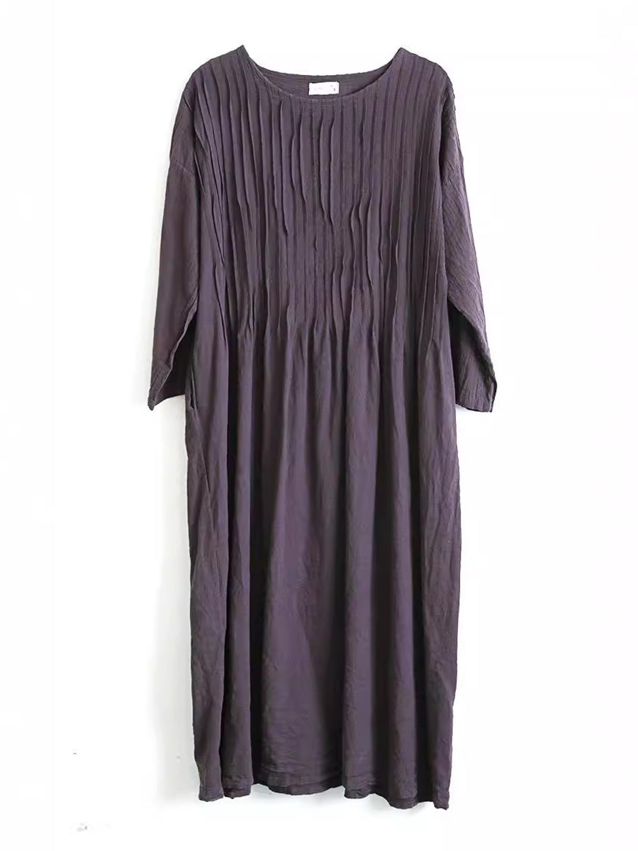 Plus  Size Women Autumn Vintage Shirred Cotton O-Neck Dress