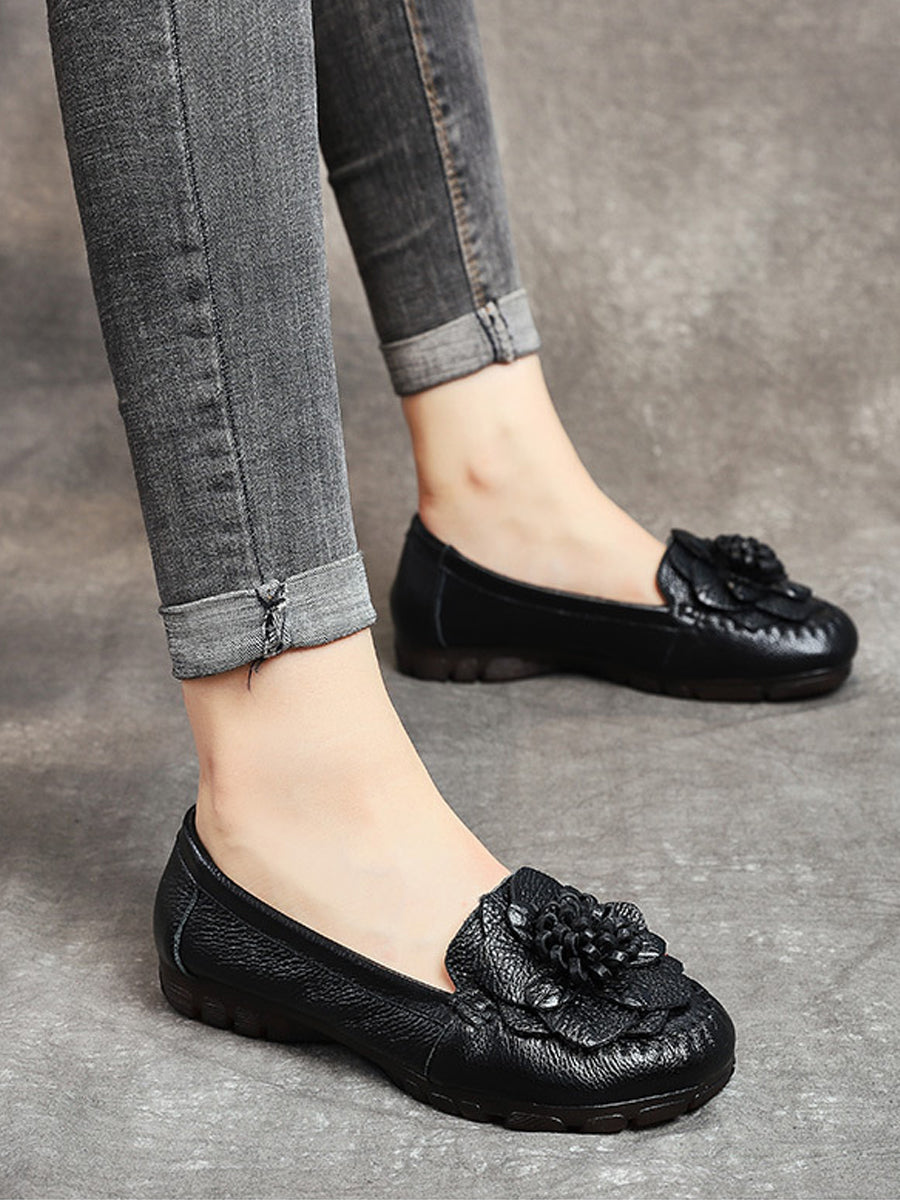 Women Summer Genuine Leather Flower Low Heel Shoes