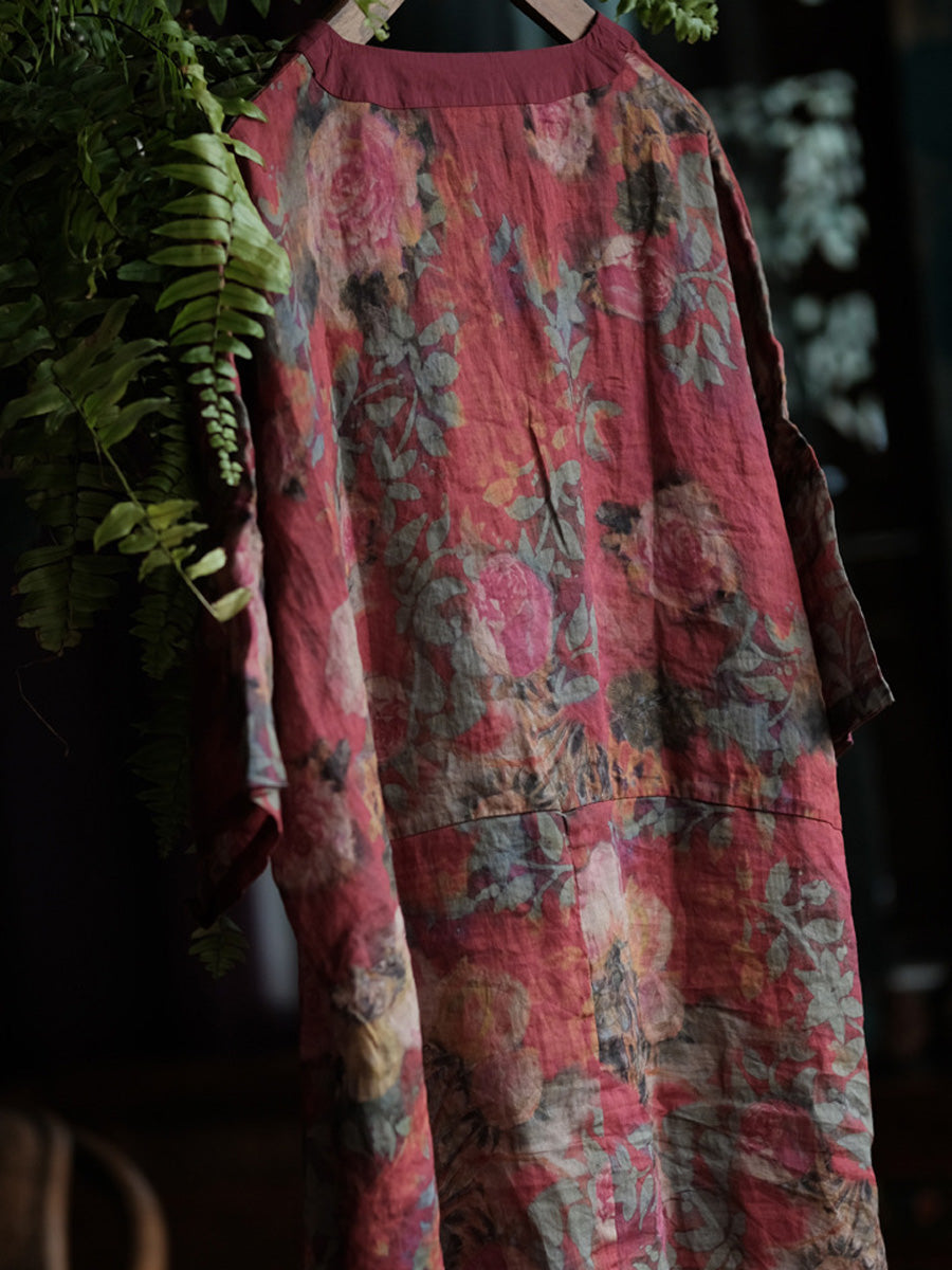 Women Summer Vintage Flower Ramie V-Neck Dress