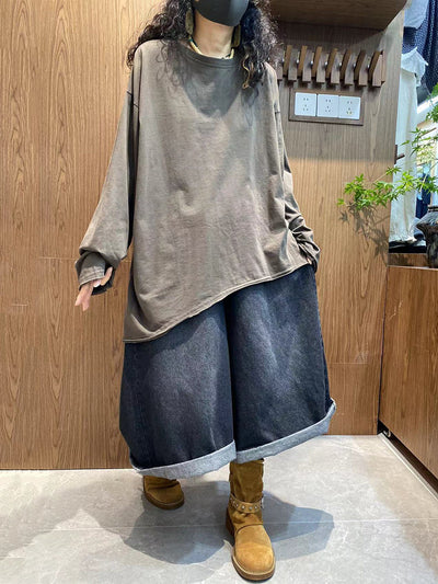 Plus Size Women Autumn Casual Pure Color 100%Cotton O-Neck Shirt