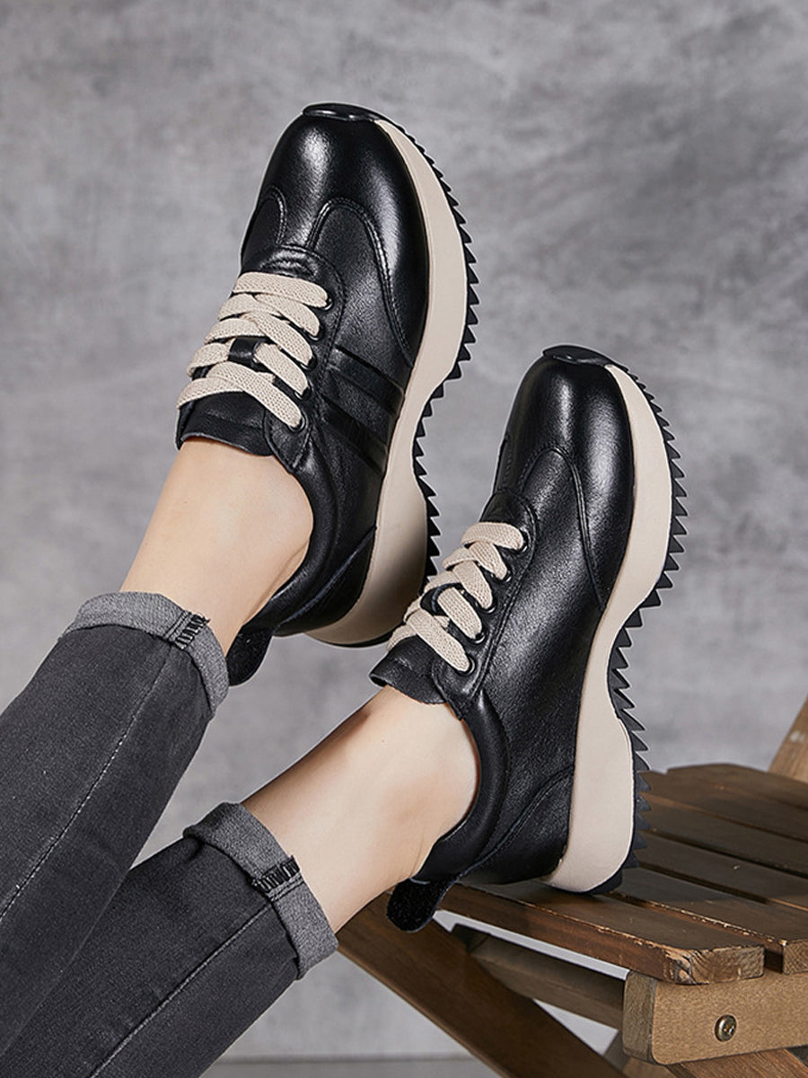 Women Autumn Casual Pure Color Leather Sport Shoes