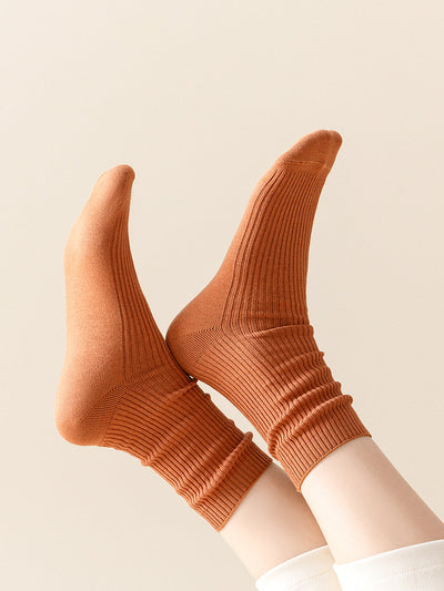 5 Pairs Women Casual Pure Color Mid-Heel Cotton Socks