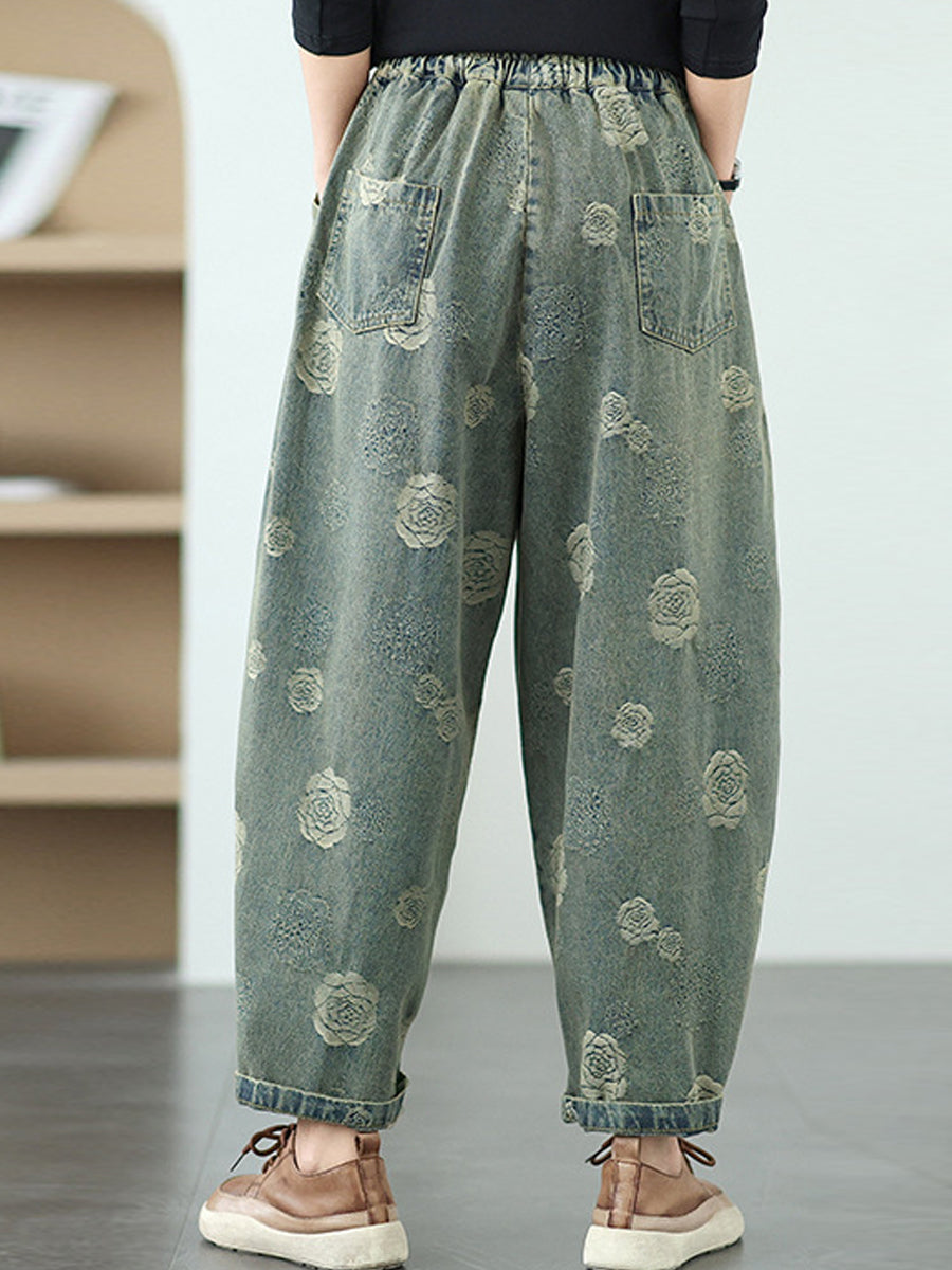 Women Artsy Summer Rose Denim Harem Pants
