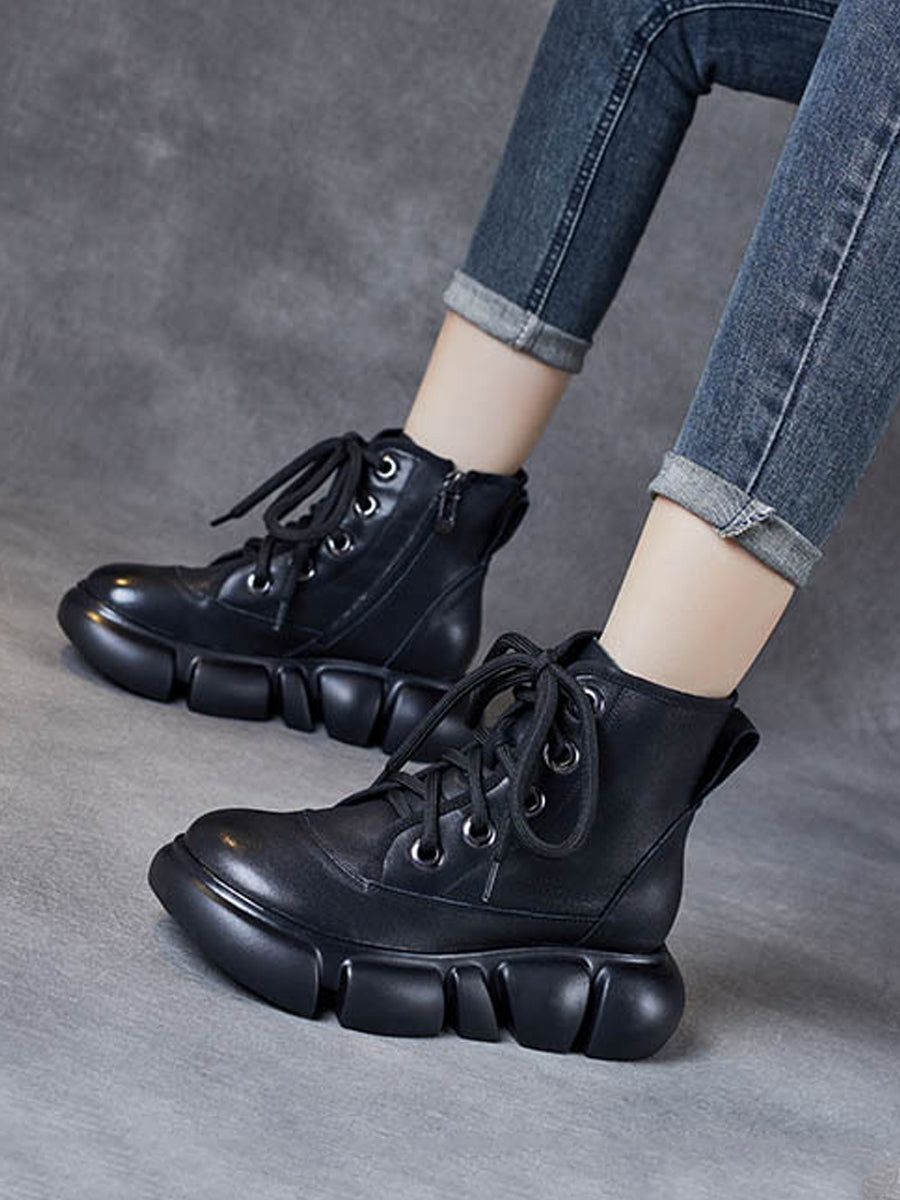 Women Winter Pure Color Leather Platform Martin Boots
