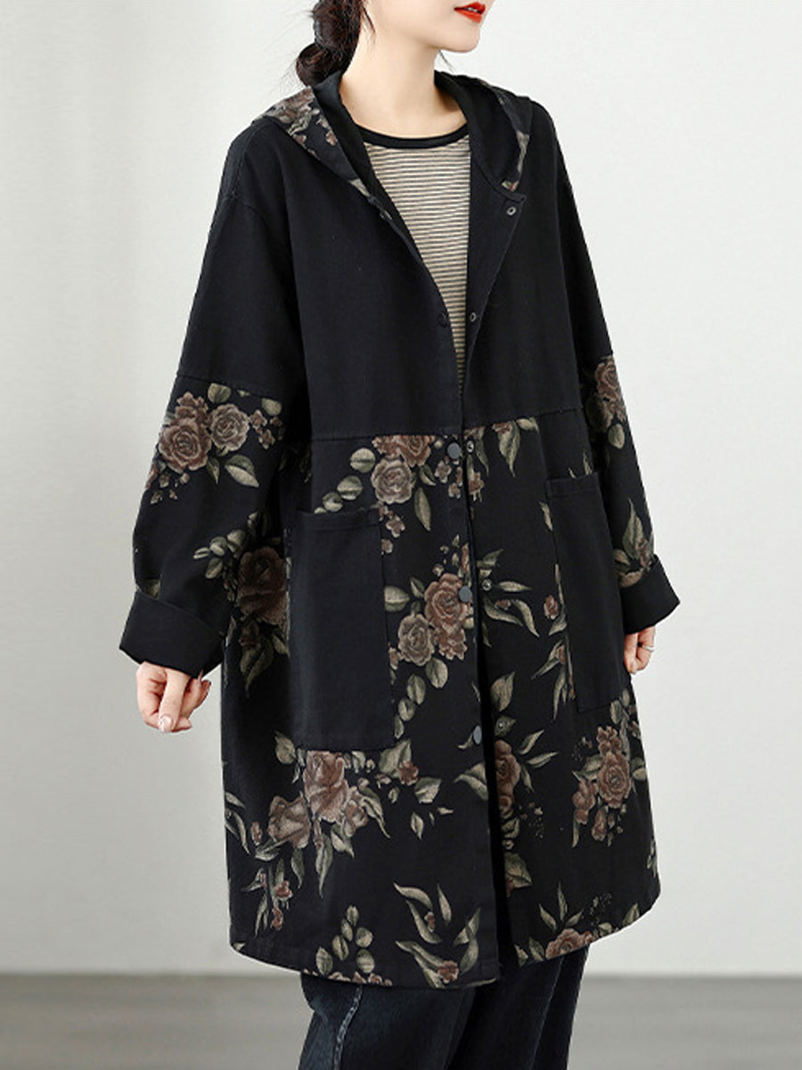 Women Vintage Autumn Flower Spliced Denim Hooded Coat