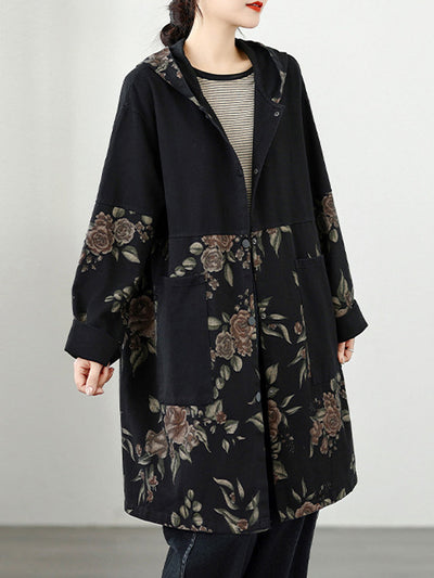 Women Vintage Autumn Flower Spliced Denim Hooded Coat