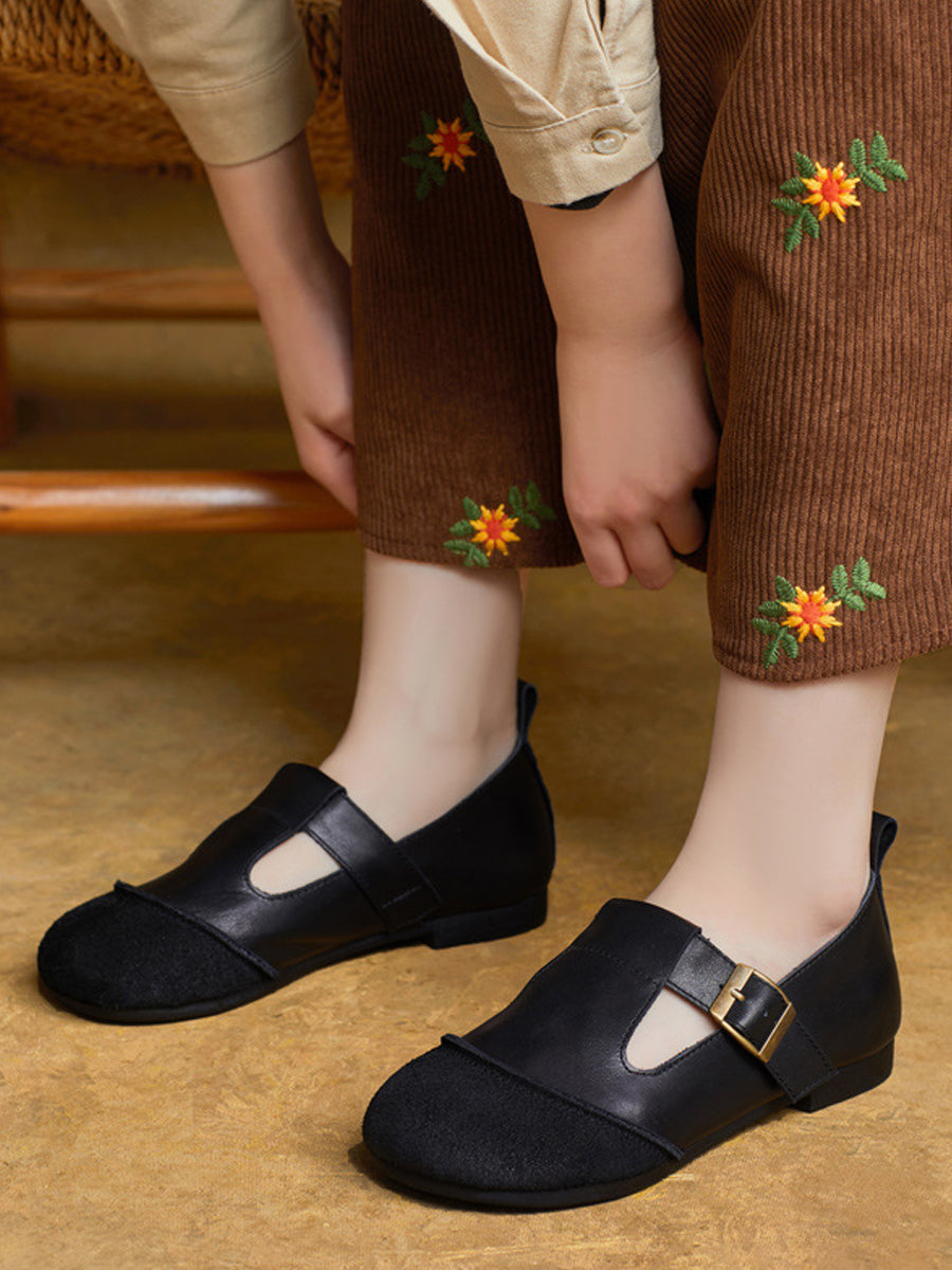 Women Summer Vintage Leather Spliced Low Heel Shoes