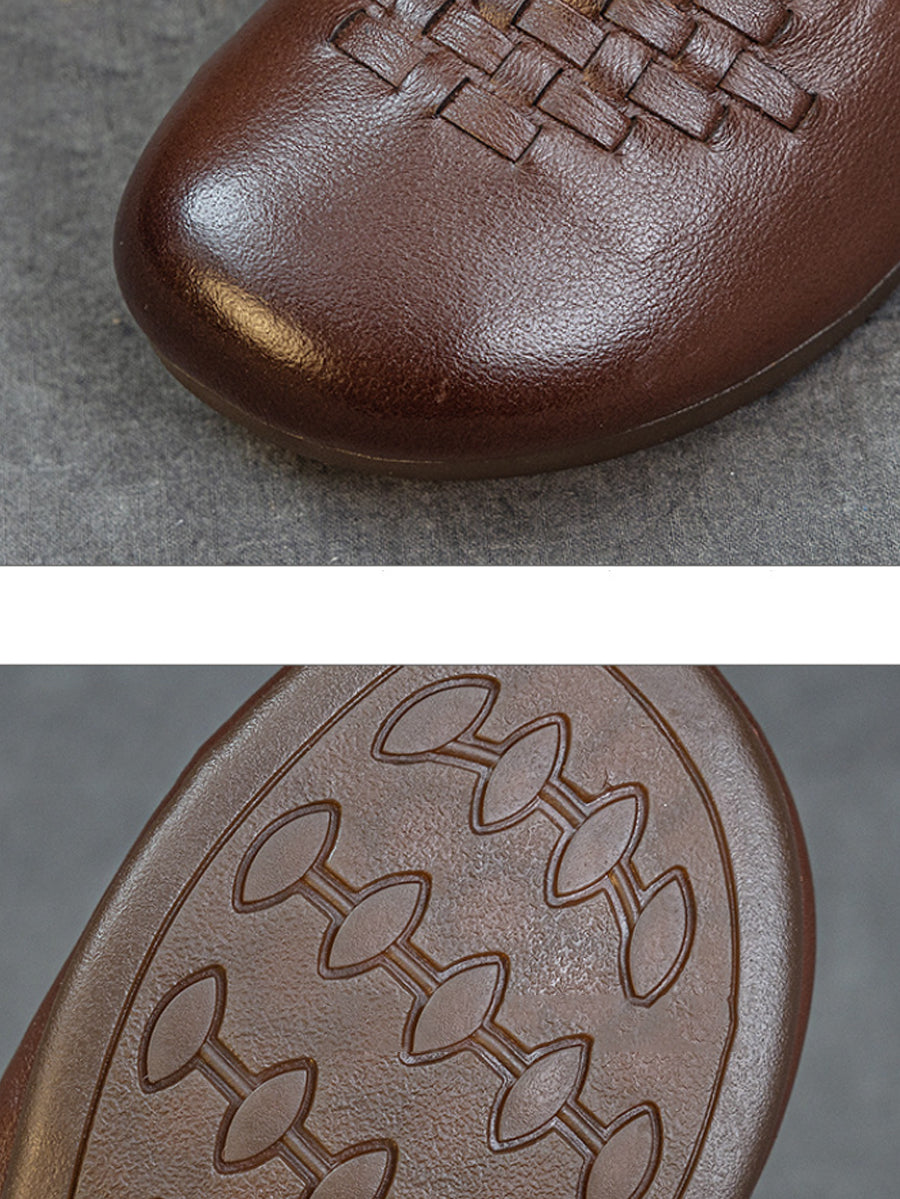 Women Retro Genuine Leather Weave Mid Heel Shoes