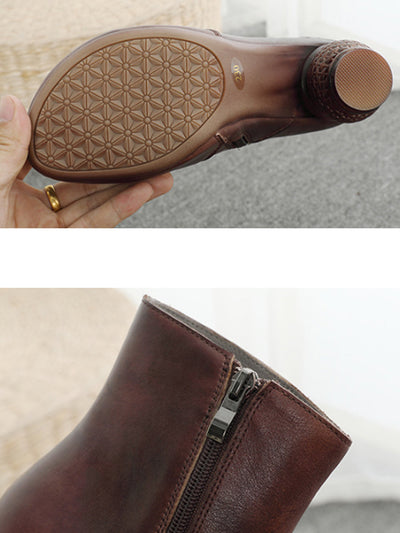 Women Vintage Flower Genuine Leather Mid Heel Ankle Boots