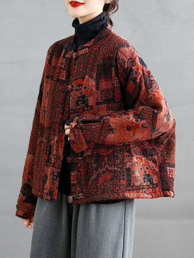 Women Retro Autumn Patchwork Stand Collar Cotton Padded Jacket