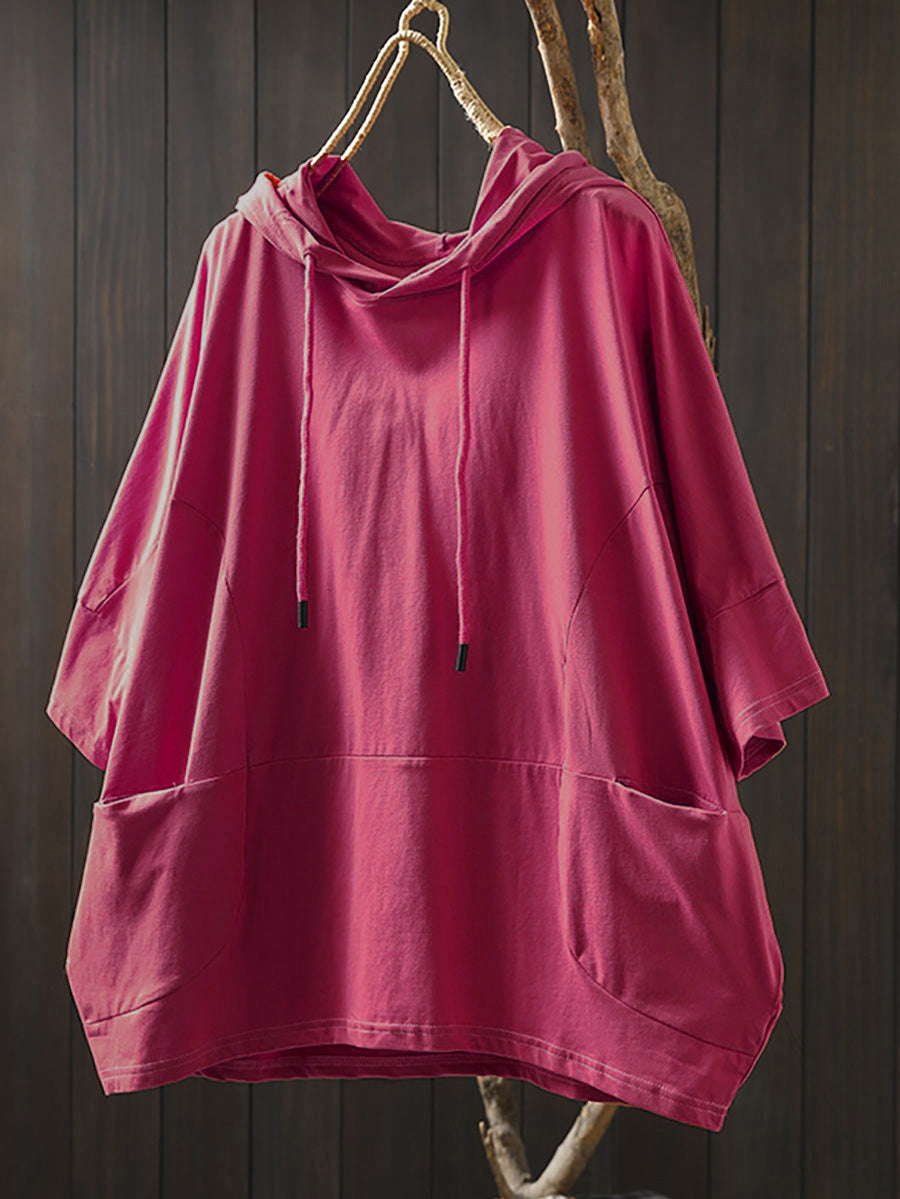 Plus Size Women Summer Casual Pure Color Hooded Cotton Shirt