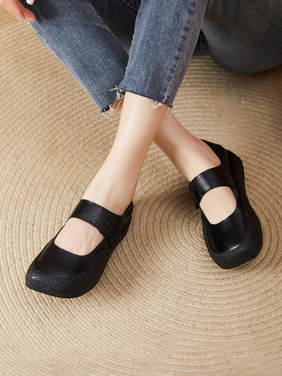 Women Casual Summer Pure Color Genuine Leather Flat Shoes