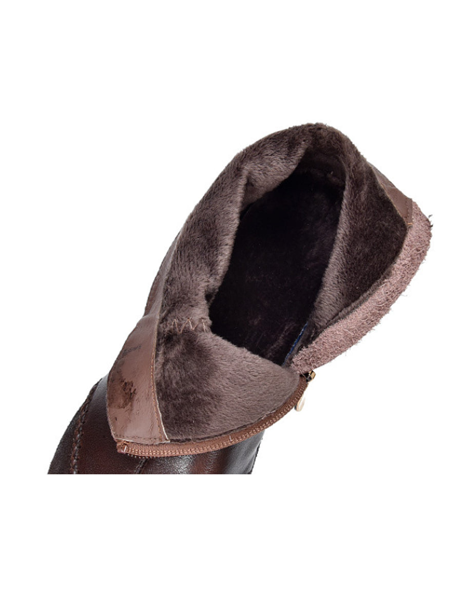 Women Genuine Leather Spliced Fleece-lined Flat Ankle Boots