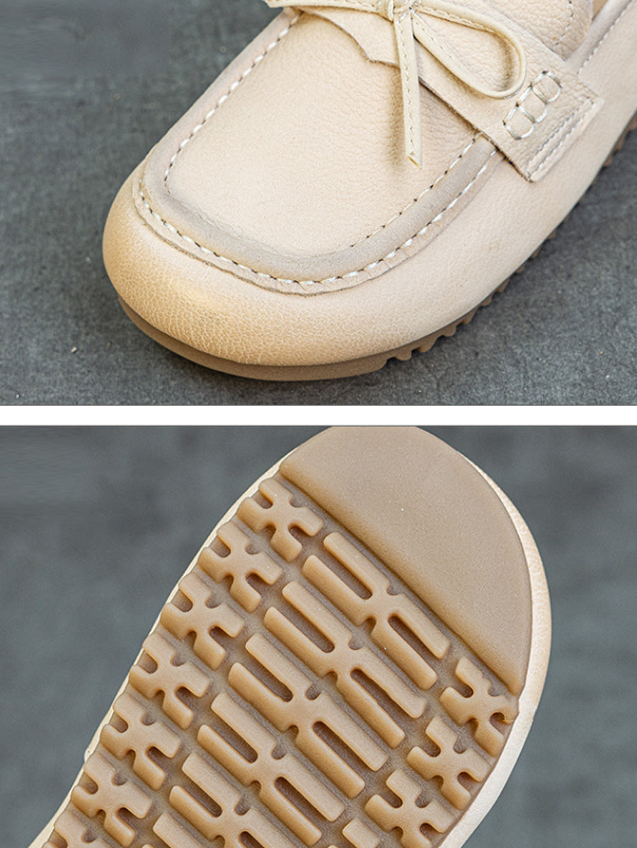 Women Retro Genuine Leather Pure Color Flat Shoes