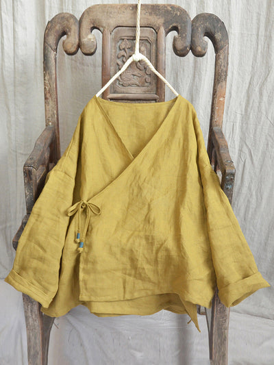 Women Vintage Autumn V-Neck Strap Loose Linen Blouse