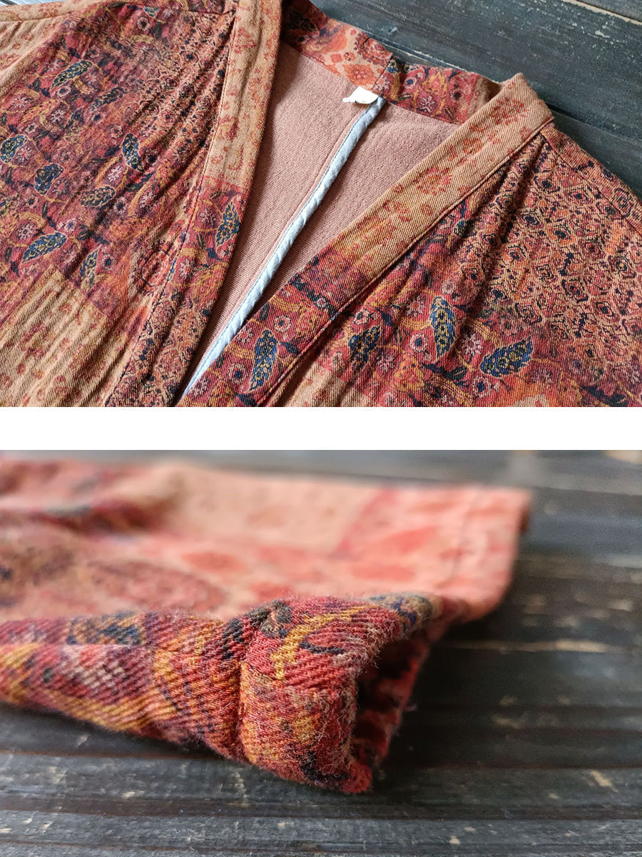 Plus Size  Women Autumn Ethnic Pocket Loose Print Loose Coat