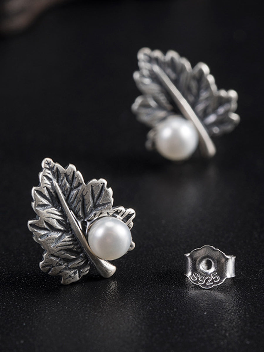 Women Vintage S925Silver Leaf Pearl Earrings