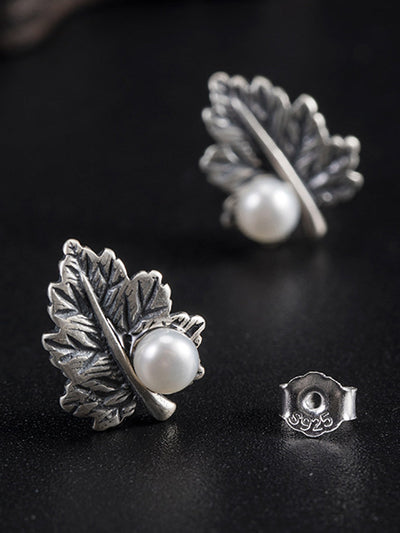 Women Vintage S925Silver Leaf Pearl Earrings