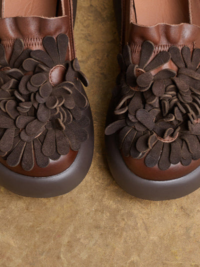 Women Vintage Flower Spliced Genuine Leather Platfrom Shoes
