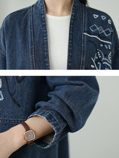 Women Vintage Autumn Embroidery Denim V-Neck Coat