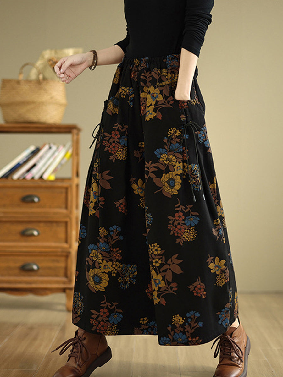 Women Autumn Retro Flower Denim Wide-leg Pants