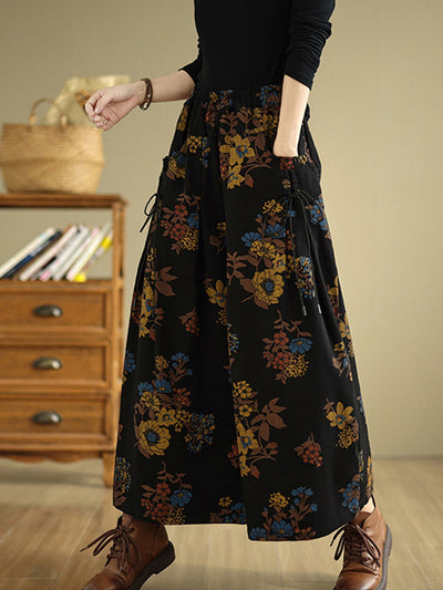 Women Autumn Retro Flower Denim Wide-leg Pants