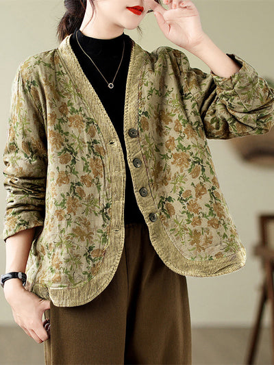 Plus Size Women Retro Floral Spliced V-Neck Padded Jacket