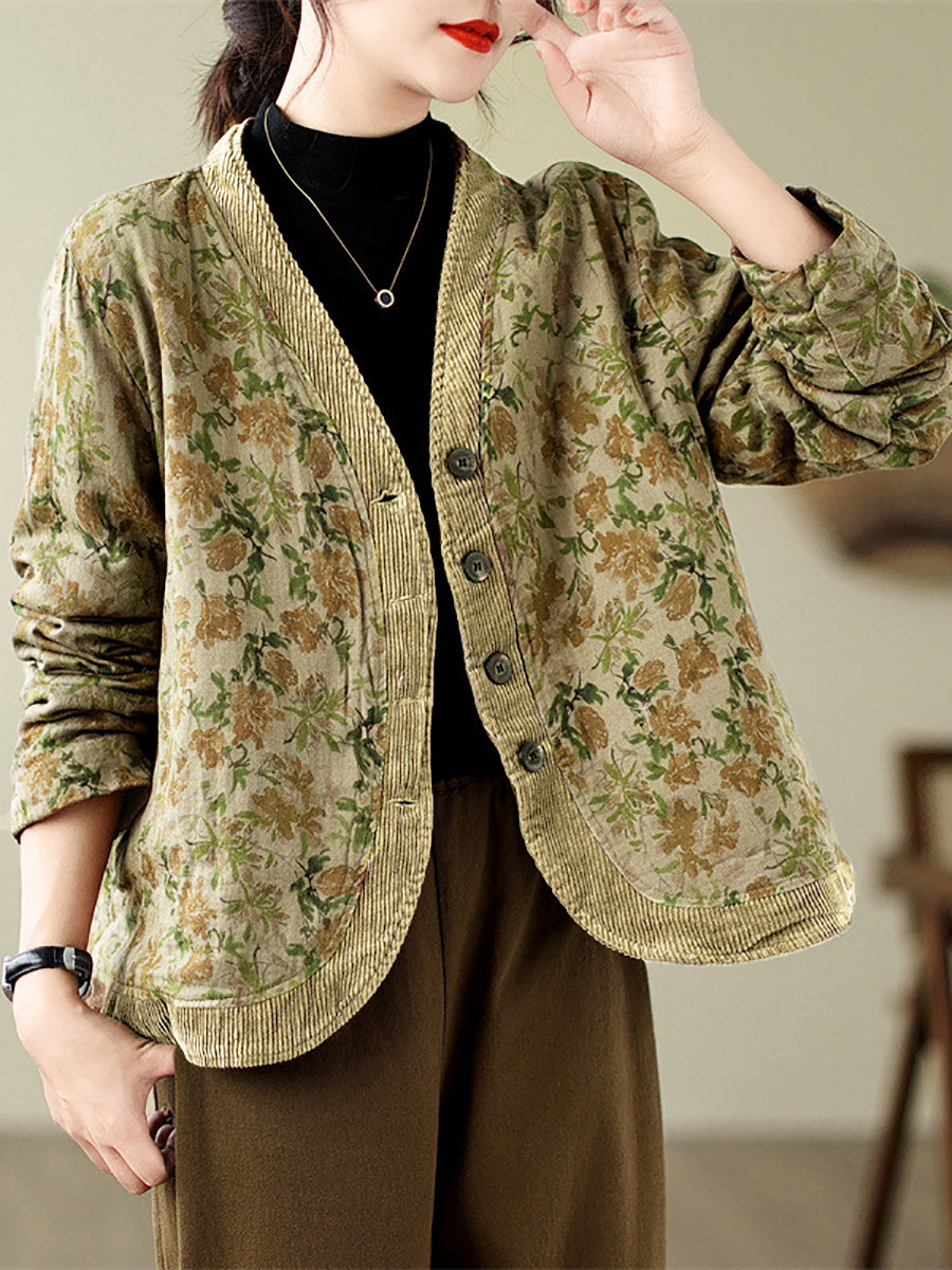Plus Size Women Retro Floral Spliced V-Neck Padded Jacket