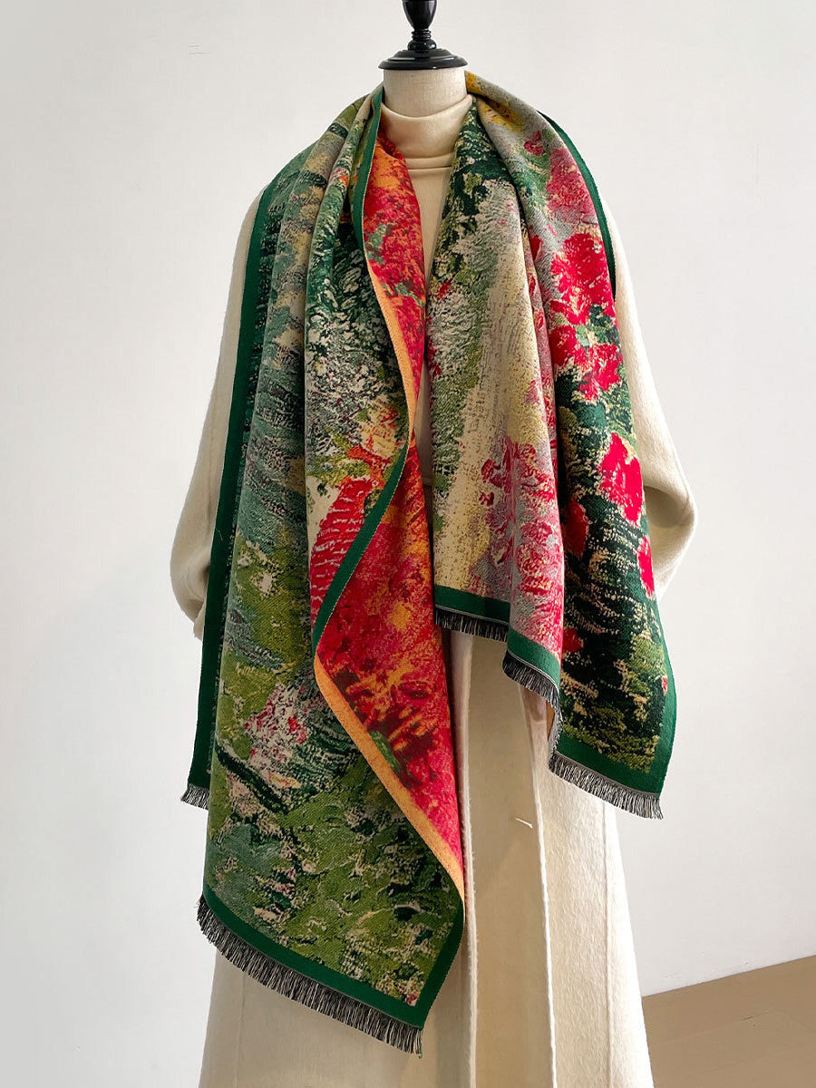 Winter Vintage Oil Painting Tassel Warm Shawl Scarf
