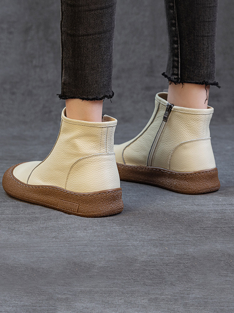 Women Genuine Leather Zipper Flat Ankle Boots