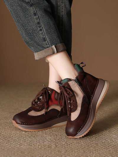 Women Vintage Genuine Leather Spliced High-top Shoes