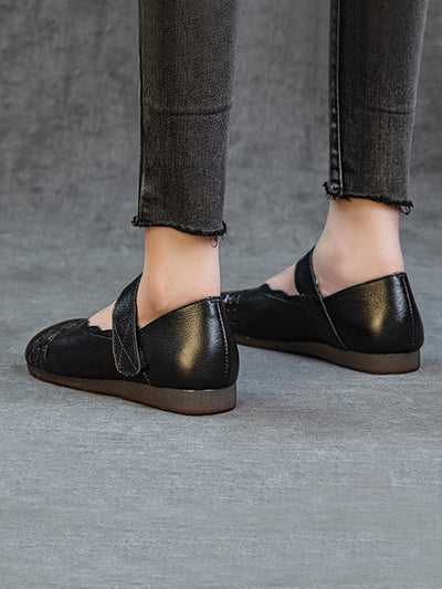 Women Summer Genuine Leather Weave Flat Shoes