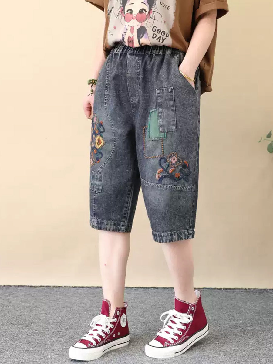 Women Retro Flower Embroidery Denim Fifth Pants