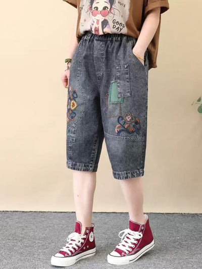 Women Retro Flower Embroidery Denim Fifth Pants