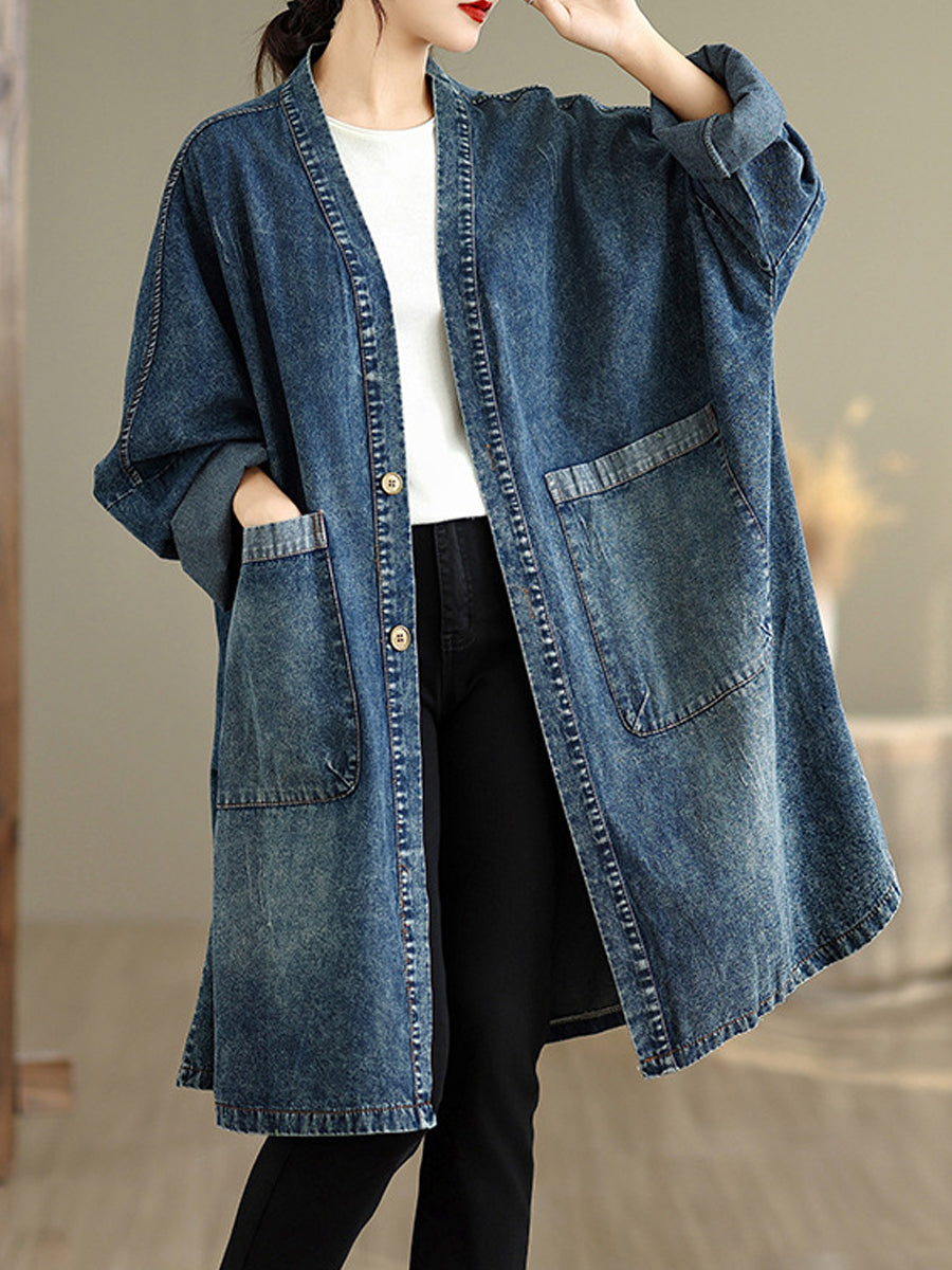 Women Autumn Vintage Denim V-Neck Coat