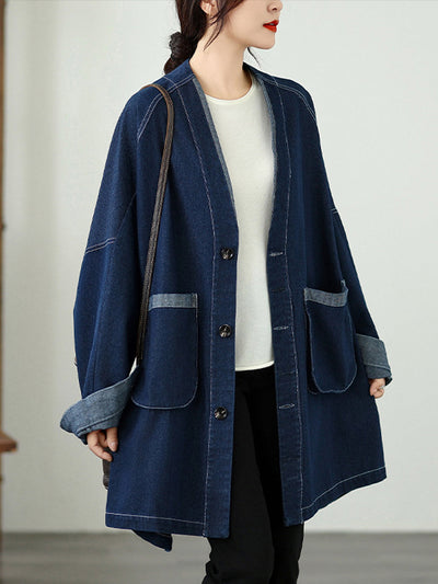 Women Vintage Autumn Denim Loose V-Neck Coat