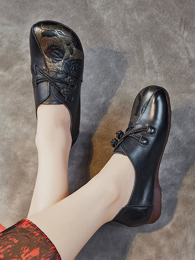 Women Retro Flower Leather Spliced Low Heel Shoes