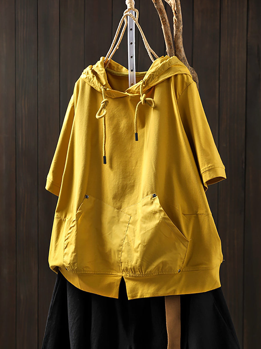 Women Summer Casual Pure Color O-Neck Cotton Hooded Shirt