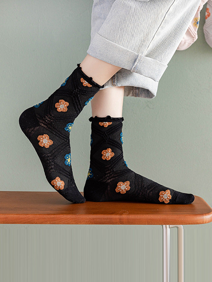 6 Pairs Women Artsy Summer Flower Rhombiods Socks