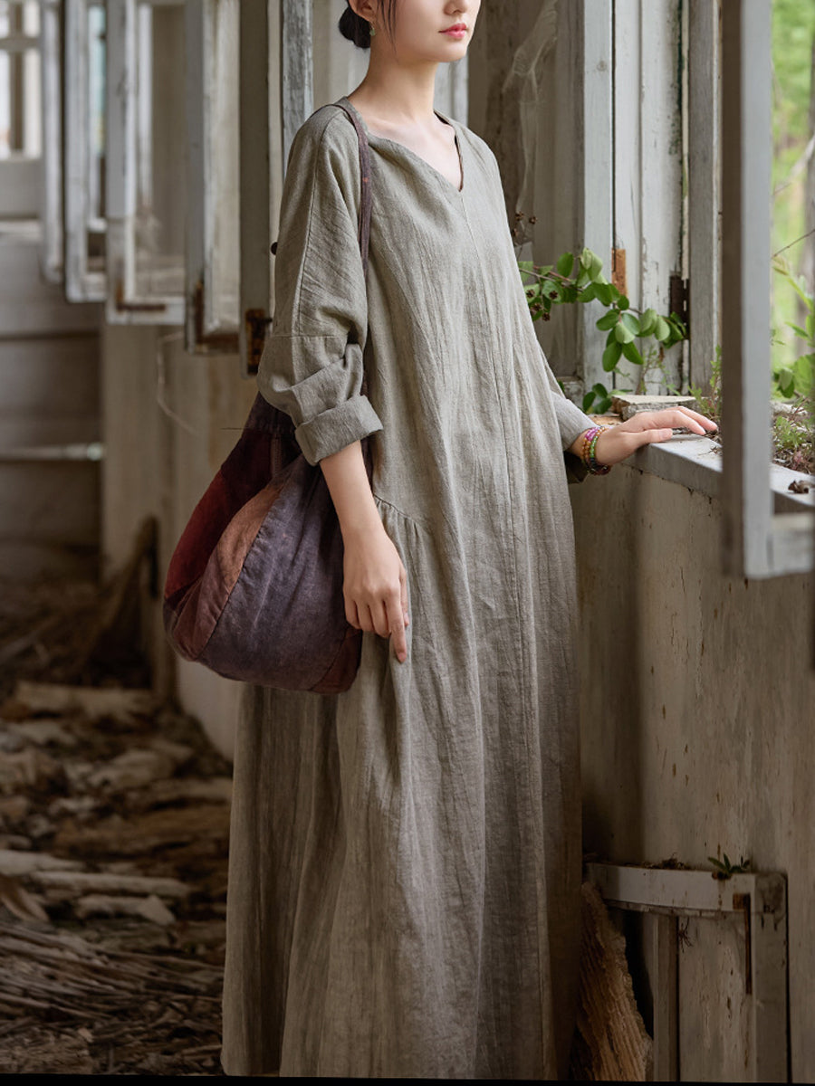 Women Summer Retro Pure Color V-Neck Ramie Dress