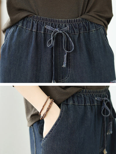 Women Autumn Retro Embroidery Denim Wide-leg Pants