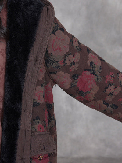 Women Winter Retro Flower Cotton Hooded Coat