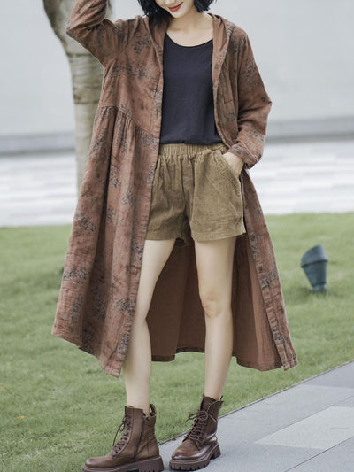 Women Autumn Retro Flower Linen Hooded Long Coat