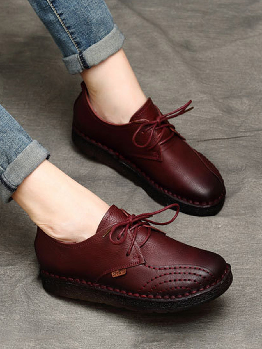Women Summer Retro Genuine Leather Spliced Flat Shoes