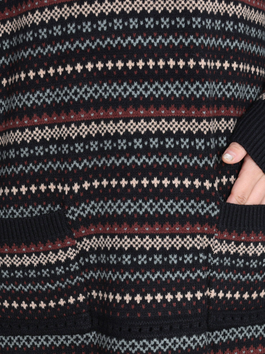 Women Autumn Artsy Stripe O-Neck Spliced Wool Dress