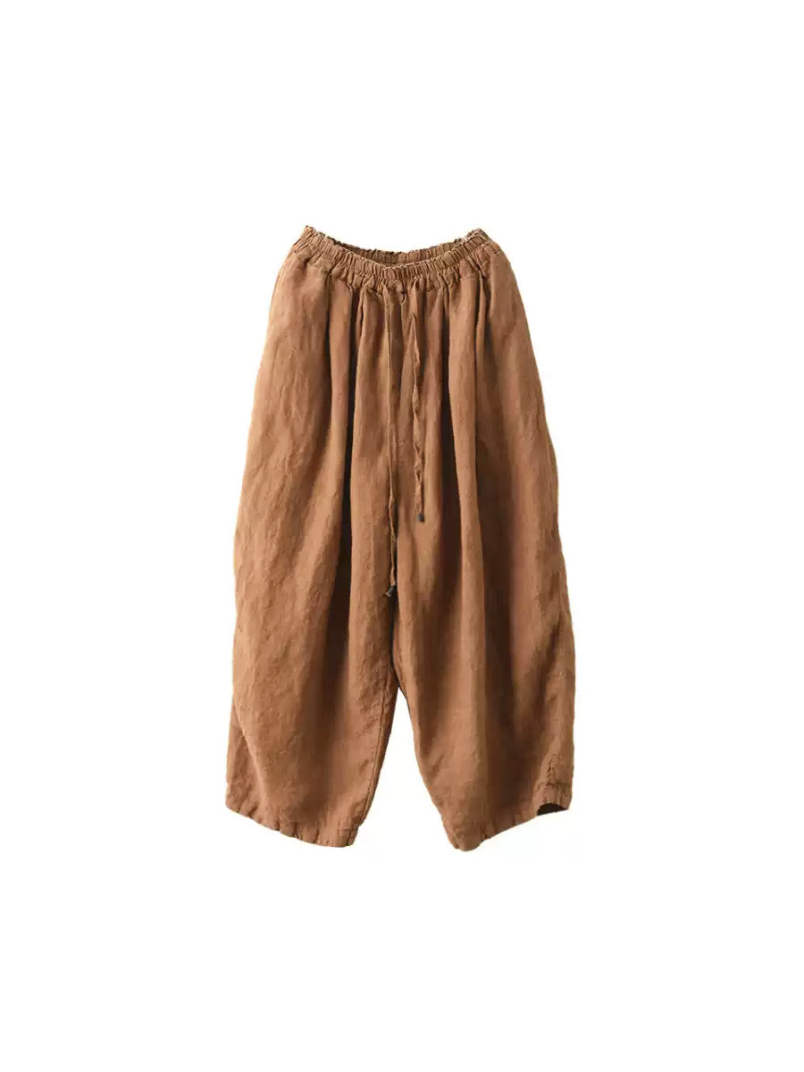 Plus Size Women Summer Casual Pure Color 100%Linen Wide-leg Pants